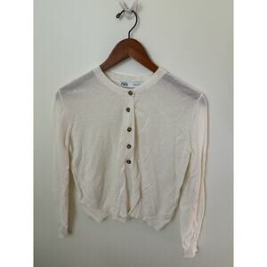 Zara Womens Sweater Size M Henley 1/2 Button Long Sleeve Top Linen Blend Cream